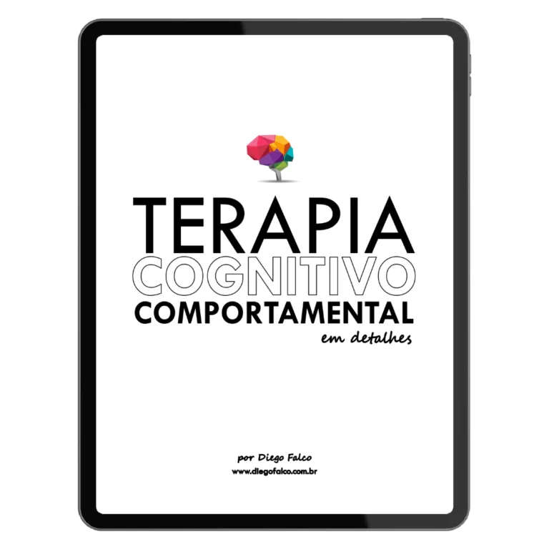 Capa original do e-book Terapia Cognitivo-Comportamental em detalhes, por Diego Falco, apresentada em um tablet